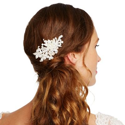 Navette pearl and crystal flower hair comb